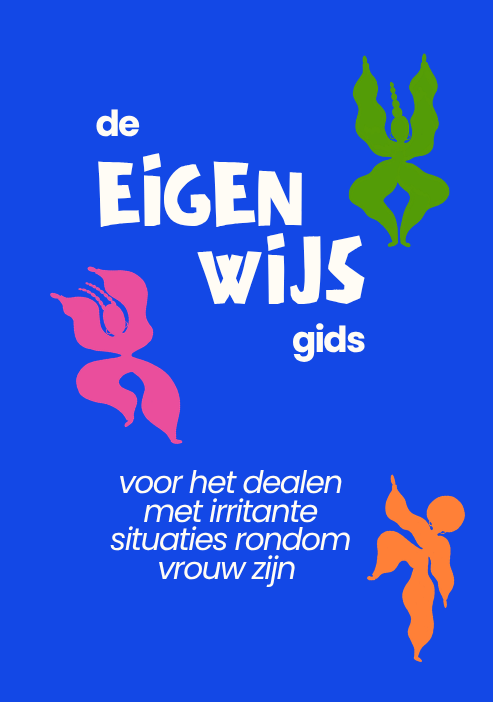 Cover of the Eigen Wijs Gids: a blue front with playful pink, green and orange figures